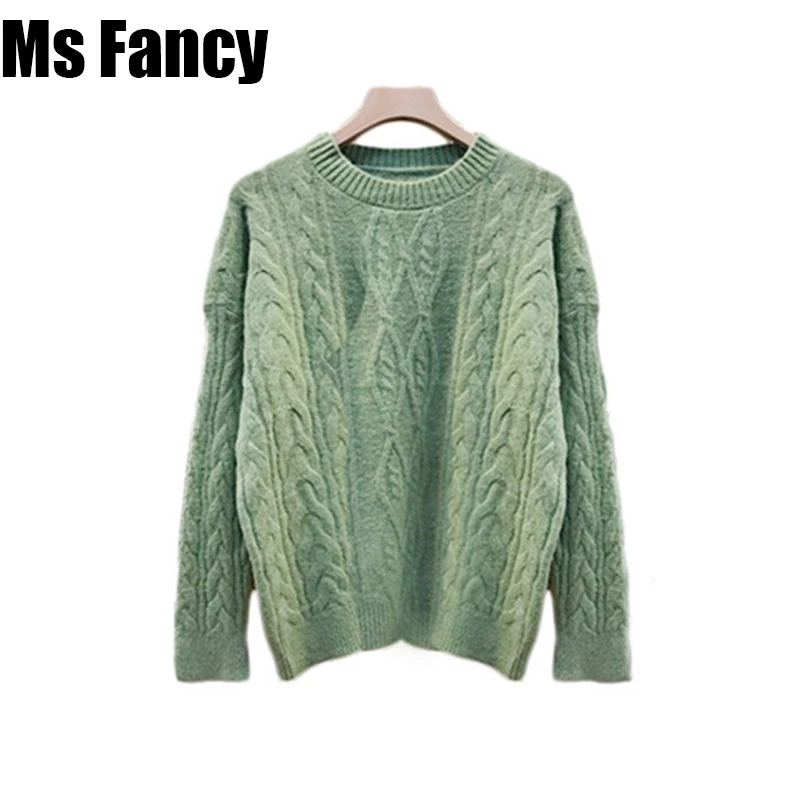 

2019 Autumn Solid Color Hemp Flowers Sweater Lazy oaf Woman Green O-neck Pullover Sweater