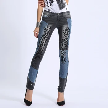 

Spring Fall Fashion Womens Patchwork Designer Leopard Pattern Skinny Pencil Jeans Pants , Denim Trousers for Woman