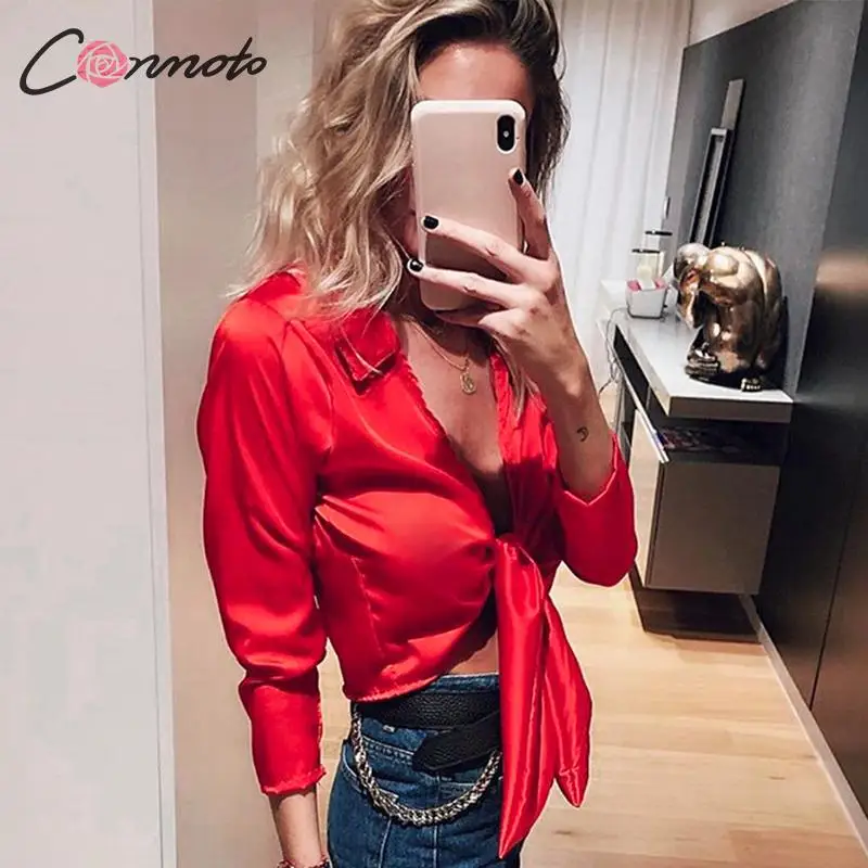 

Conmoto 2019 Autumn Winter Women Crop Tops and Blouse Female Long Sleeve Bow Lace up Short Shirt Fashion V Neck Satin Blusa