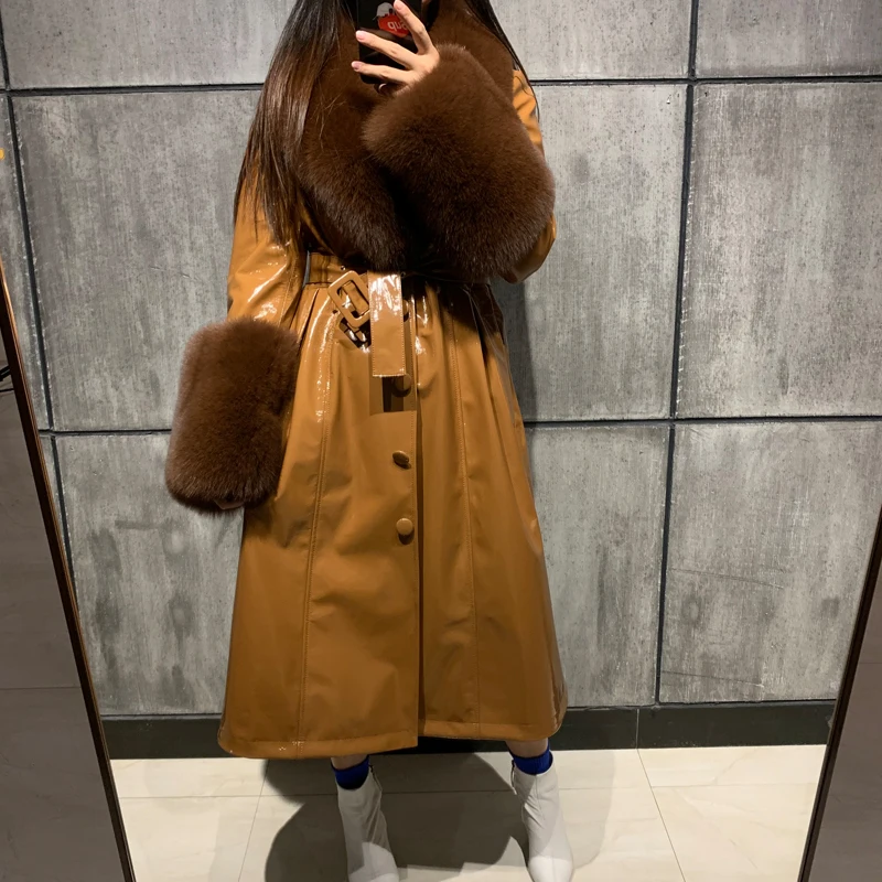 ladies leaher coat long women genuine leather windbreak