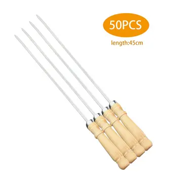 

Flat Barbecue Stick BBQ Roasting Needle With Wooden Handle Brochette Tong Kebab Skewers Stainless Steel Roasting Tools