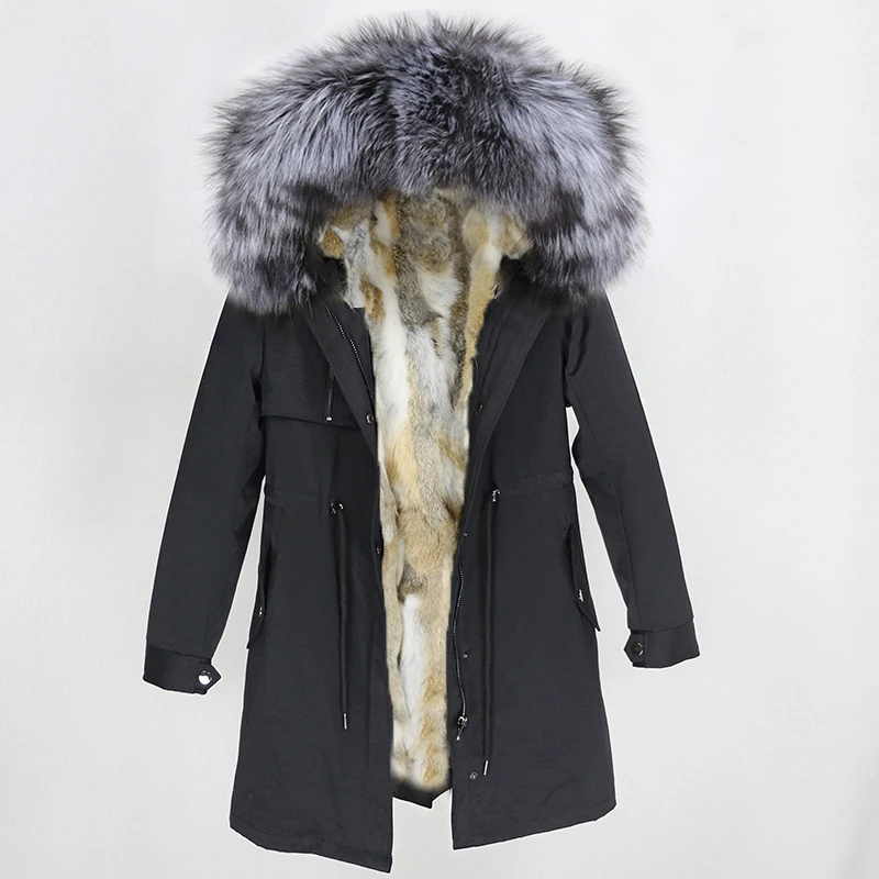 OFTBUY настоящая меховая парка зимняя куртка женская натуральный Лисий меховой капюшон, воротник с кроличьим вкладышем Толстая теплая тонкая верхняя одежда уличная - Цвет: black silver