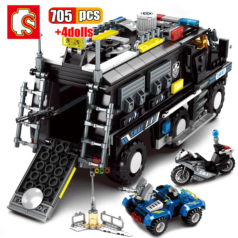 

SEMBO705Pcs High-tech Explosion-proof Armored Vehicle Building Blocks Military Soldier City Police Assault Car Model Bricks Toy