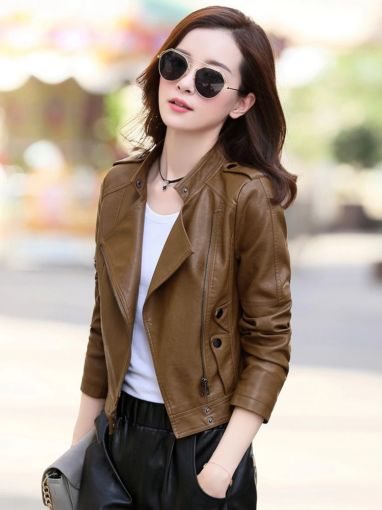 

Leather Jacket Women Plus Size4XL Short Imitate Soft Sheepskin Coat 2020Spring Fall Korean Fashion Stand Collar Slim Biker Coats