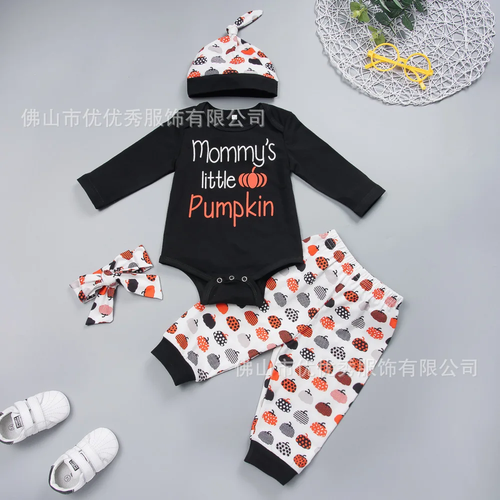 

Baby Boys Girls Halloween Outfits Funny Cotton Costume Jumpsuit Pumpkin Baby Romper Long Pant Hat & Headband 4PC Set 0-24 Months
