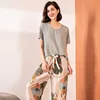 2022 Summer New Women V-Neck Leaves Printed Pajamas Set Ladies Comfort Simple Style Sleepwear Loose Soft Casual Wear Homewear ► Photo 3/5
