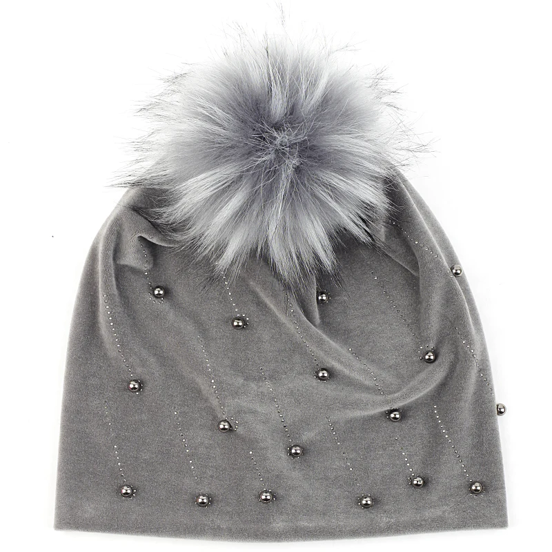 Dark gray 19 Женская модная перламутровая шапка для взрослых, шапка с 15 см искусственным меховым помпоном, шапка с черепом для женщин и девочек, зимняя теплая мягкая женская шапка s - Цвет: Dark gray 19