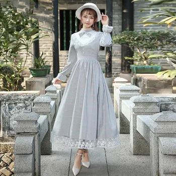 

Spring Autumn Women Vintage Retro Elegant Long Dress Palace Style Long Sleeve Plaid Lace Patchwork modis light grey Long Dress