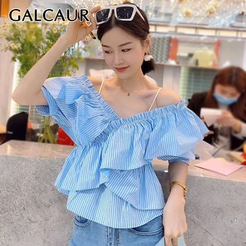 

GALCAUR Korean Striped Hit Color Woman's Shirt Slash Neck Butterfly Sleeve Oversize Blouse Female Summer Fashion New 2020