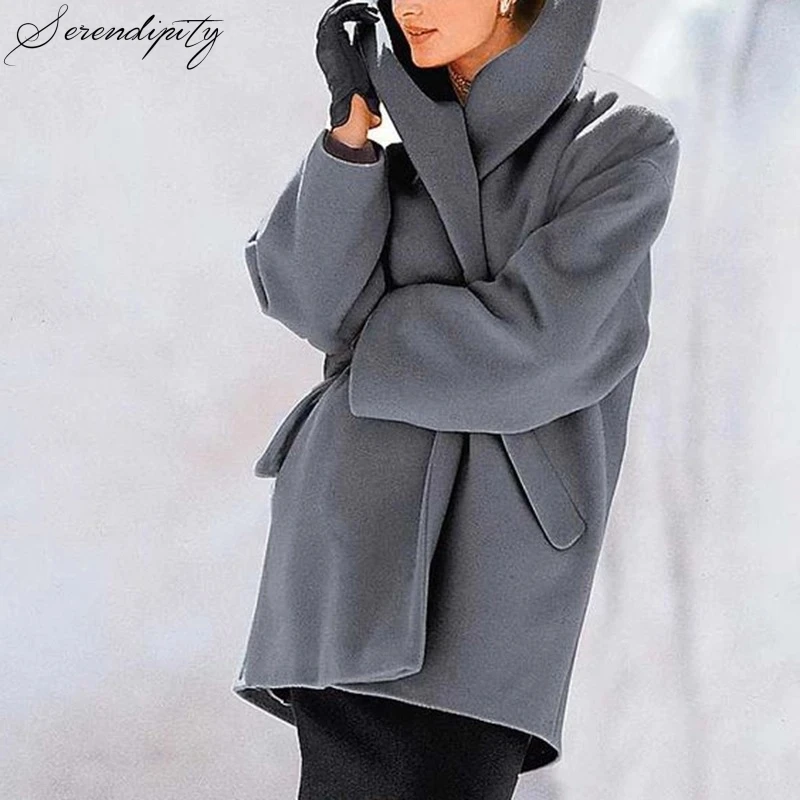 

SRDP Shawl Casual Grey Wool Blend Coats Women Warm Autumn Winter Fashion Female Loose Black Long Ladies Jackets Coats Streetwear