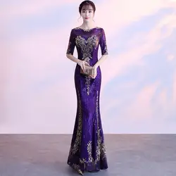 Сексуальное Тонкое Сетчатое платье Русалочки с круглым вырезом и блестками, улучшенный чёнсам, вечернее платье в китайском стиле, Vestidos