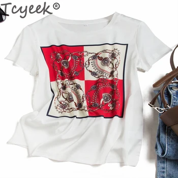 

Tcyeek Harajuku 100% Real Silk Summer Female T-shirt Women Tops 2020 Korean Vintage White Black Floral Silk Tops Kpop Tshirt 060