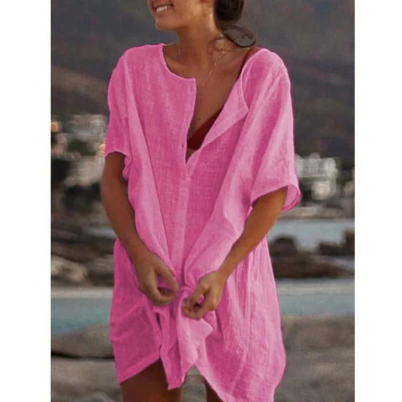 

Summer Loose Large Size Cotton Linen Single Breasted White Pink Simple Dress Women Short Sleeves Plus Size 3xl 4xl Casual Dress
