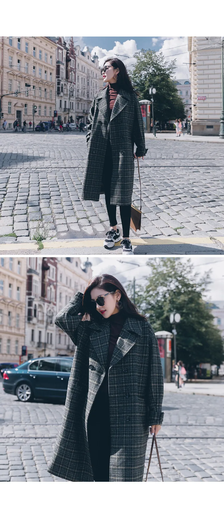 Vintage Plaids Clothes Loose Woollen Coat Women's New Checked Coat Baggy Silhouette Overcoat Tweeds Winter female Outerwear