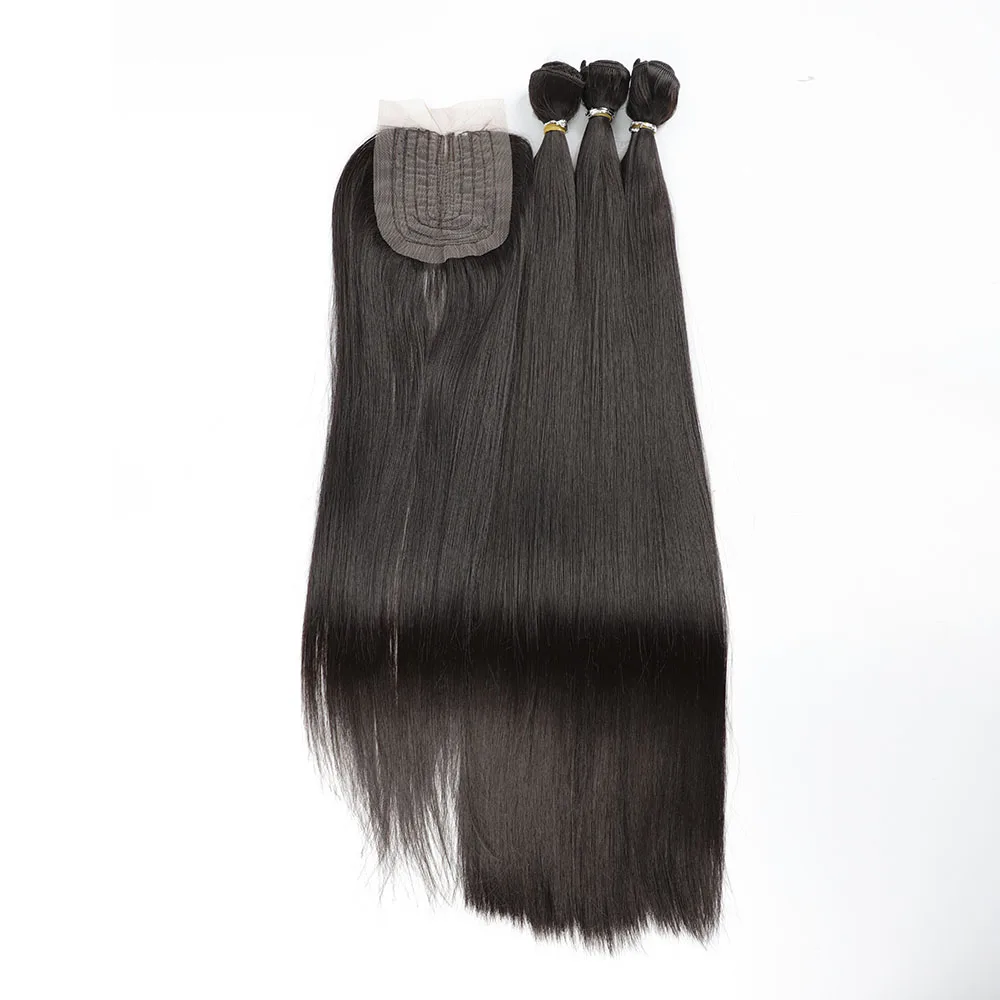 Synthetic Hair Bundles with Closure All in 1 Straight Synthetic Sew in Weave Hair Bundles Women Weavon 3 with Closures