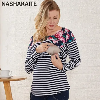 

NASHAKAITE Maternity Long Sleeve Floral Striped Pocket Nursing Tops T-shirt For Breastfeeding Mom Ladies Casual Winter Tops