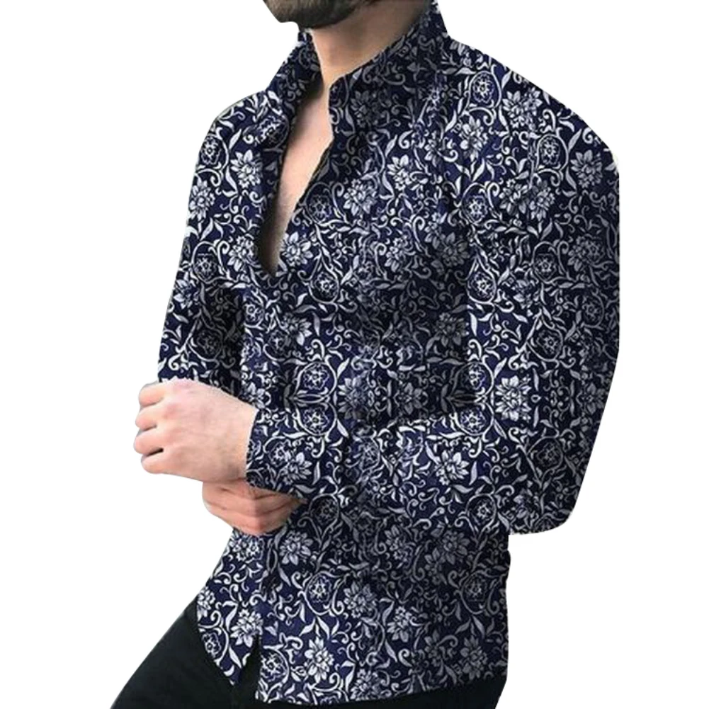 Весна осень бизнес мужская мода цветочный принт с длинным рукавом рубашка Топ