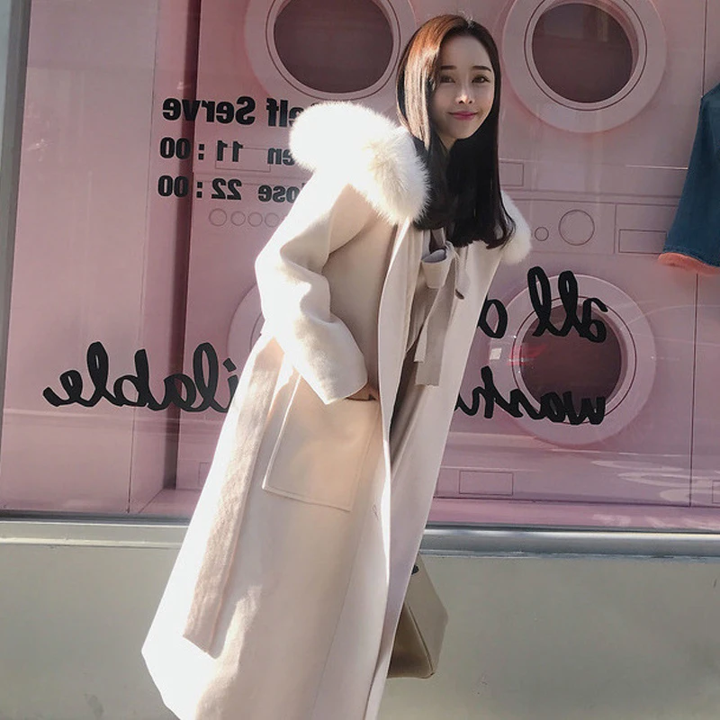 Зимнее женское пальто, утолщенное, теплое, с меховым воротником, с капюшоном, шерстяное пальто, для девушек, черное, бежевое, свободное, с поясом, длинное пальто, Manteau Femme Hiver