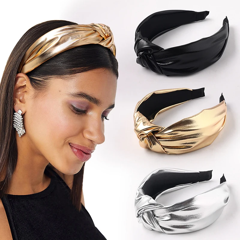 PU кожаные повязки на голову золотые серебряные завязанные повязки для волос повязка на голову с блестками одноцветные кожаные обручи для волос женские аксессуары для волос