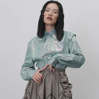 

DEAT Women Green Split Joint Shining Blouse New Lapel Long Sleeve Loose Fit Shirt Fashion Tide Spring Autumn 2020 1H268
