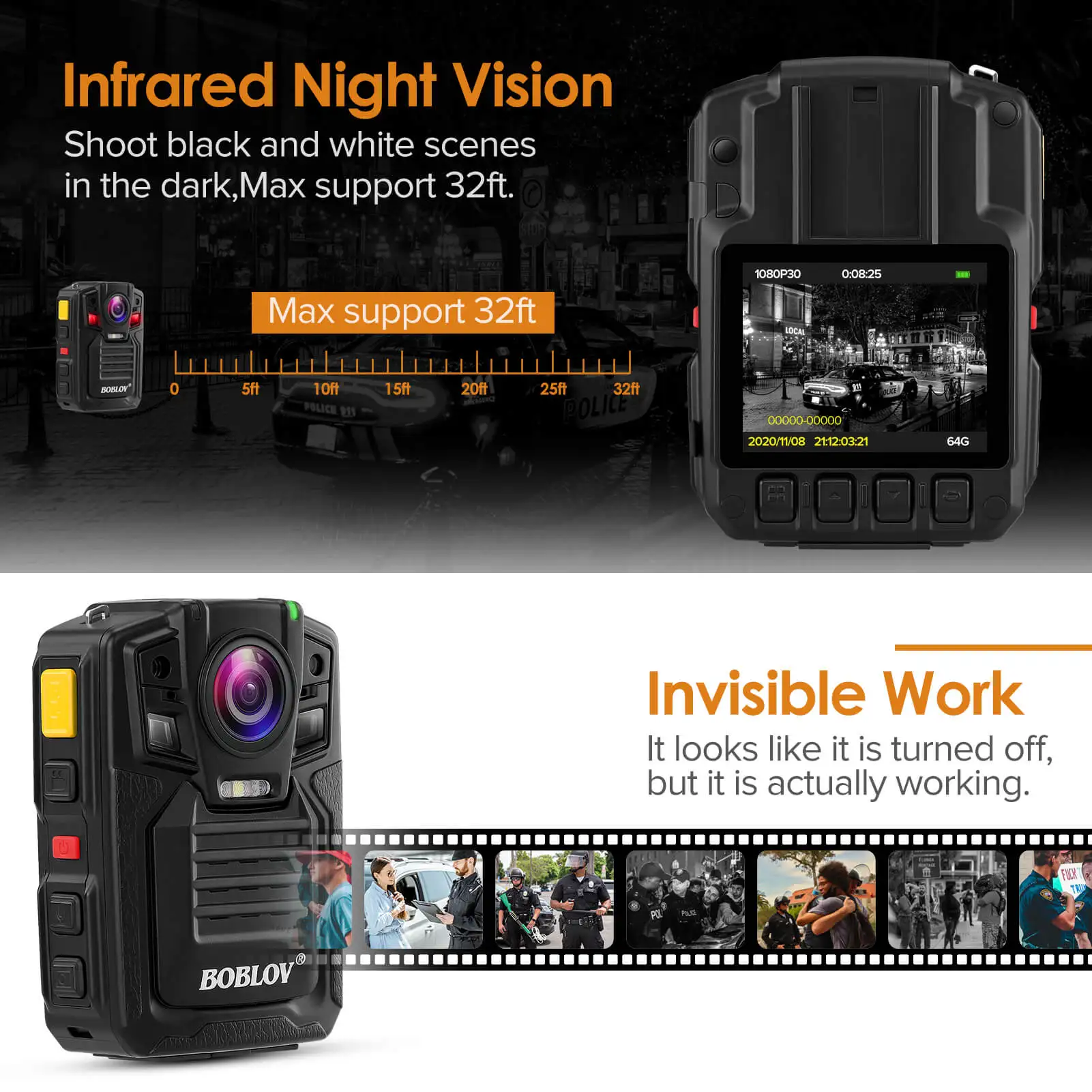 Boblov Digital Body Worn Camera HD1296P Loop DVR Record Security Cam IR Night Vision Wearable Mini Camcorders 32GB Police Camera