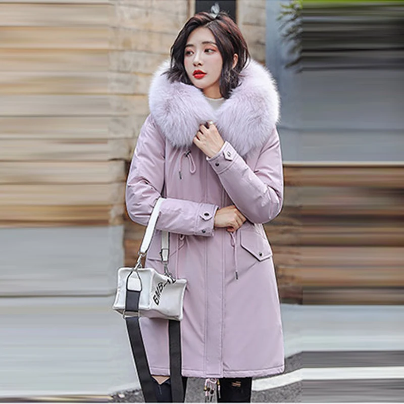 Повседневная утолщенная зимняя парка для женщин, со шнуровкой, с капюшоном, средней длины, теплое пальто, однотонные карманы, тонкая женская куртка, хлопок, новинка, Женское пальто - Цвет: Pink