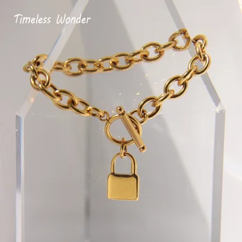 

Timeless Wonder Titanium Padlock Charm Toggle Clasp Bracelet Women Stainless Steel Jewelry Punk Gothic Runway Designer Top 5625