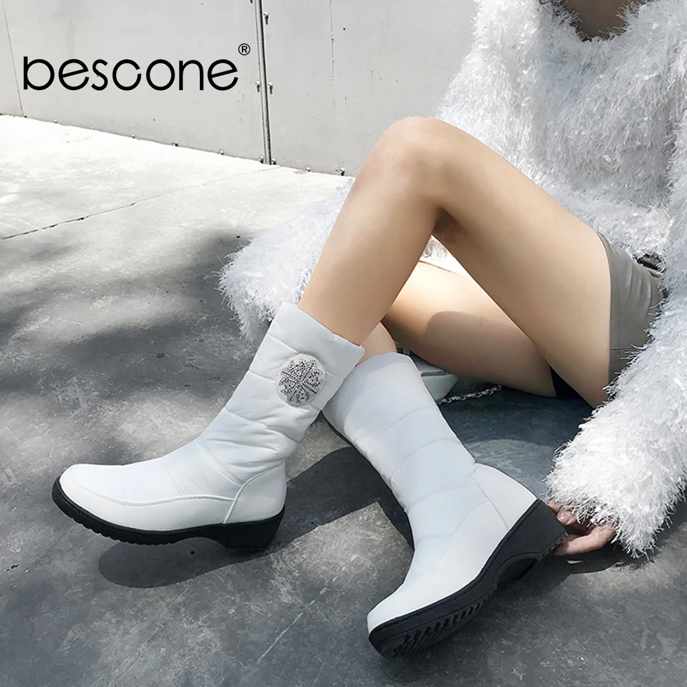 BESCONE/теплые женские сапоги до середины икры; удобная обувь без застежки с круглым носком; зимние женские сапоги ручной работы на квадратном каблуке с вышивкой; BM87