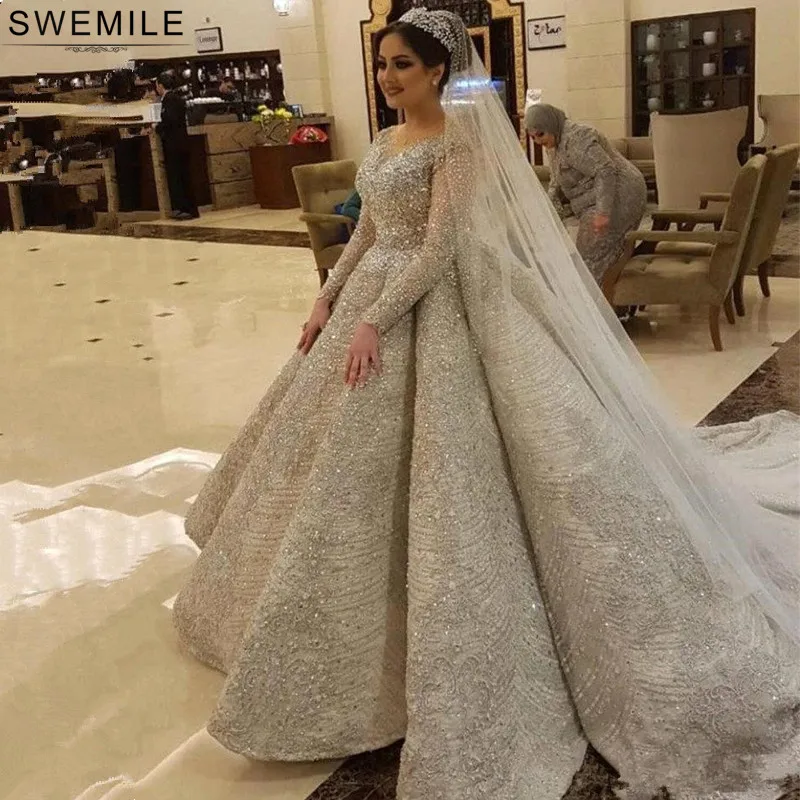 Роскошное бальное платье с кристаллами в Дубае, свадебные платья с соборным шлейфом, свадебные платья с длинным рукавом
