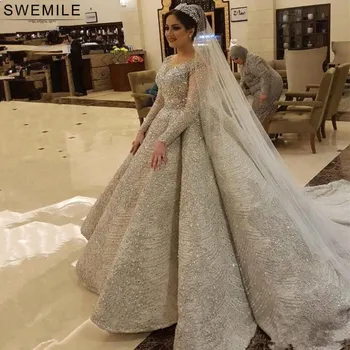 شراءفساتين زفاف فاخرة بكريستال كامل في دبي مع ذيل كاتدرائي رداء دي ماري كم طويل فساتين زفاف