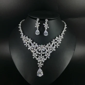 

2019New fashion Romantic cyrstal flower CZ zircon golden necklace earring set wedding bridel banquet dinner dressing jewelry set