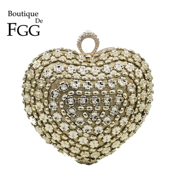

Boutique De FGG Finger Ring Women Clutch Heart Evening Bags Knuckle Box Metal Handbags Bridal Wedding Party Cocktail Flower Bag