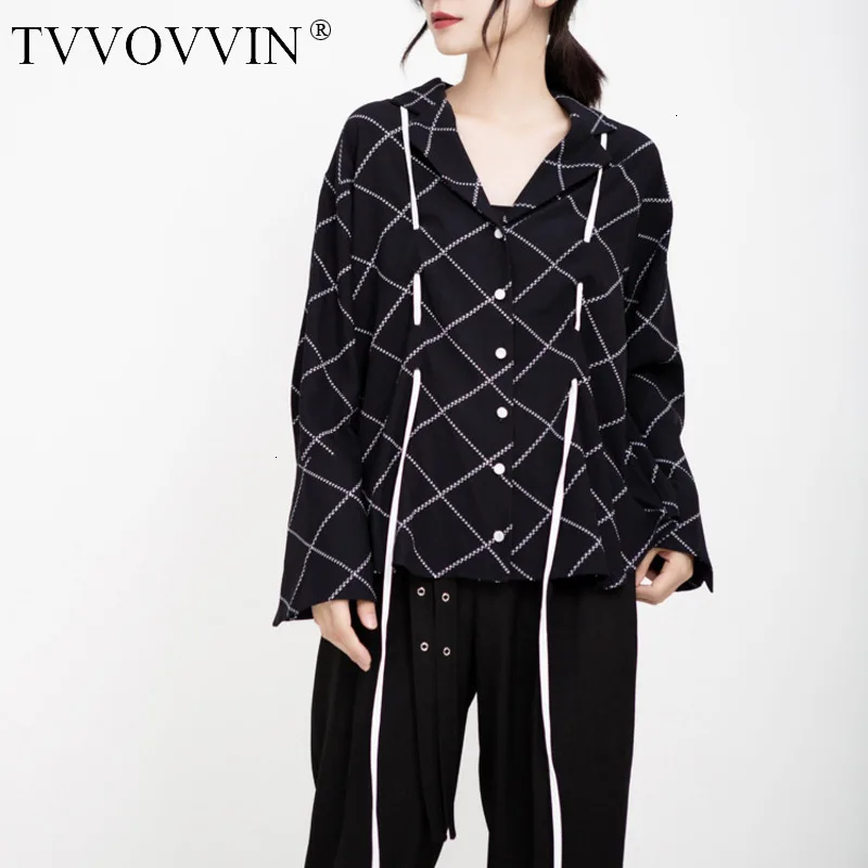 TVVOVVIN Korean Style Women's Autumn Shirt New Wild Cotton Plaid Ladies Blouses and Tops Drawstring Long Sleeve Shirts X916