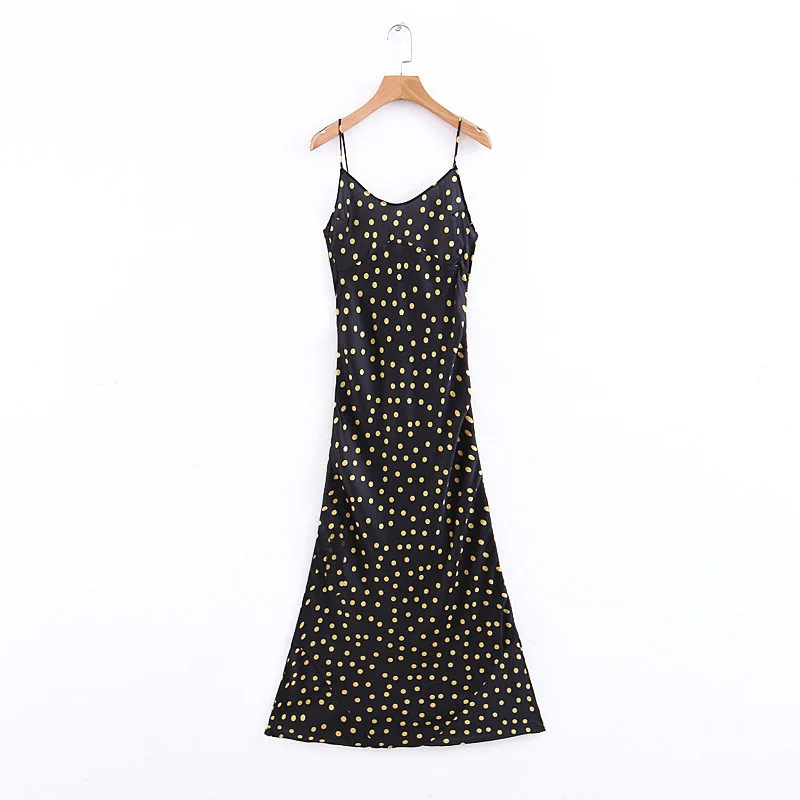 

2019 Western Style Spring And Summer WOMEN'S Dress New Style Black Background Yellow Polka Dot Long Strapped Dress