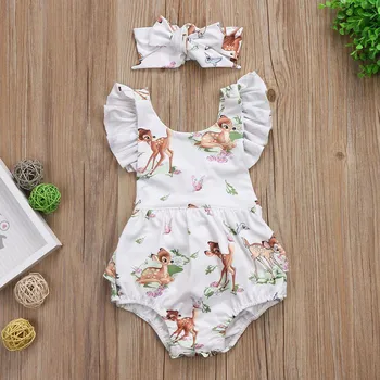

New Baby Clothing Newborn Toddler Infant Baby Girls Ruffles Deer Romper Back Cross Jumpsuit Clothes Sunsuit Outfits