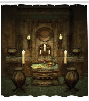 

Gothic Shower Curtain Room with Altar in Fantasy Style Spells Pentagram and Candles Print Illustration Cloth Fabric Bathroom