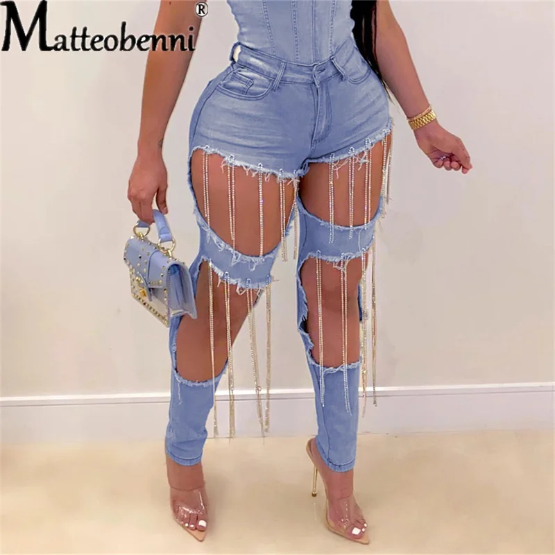 2021 Summer Denim Pants Women Retro Solid Sexy Hole Jeans Ripped Chain Tassel Trousers Street Skinny High Waist Ladies Pants spring and autumn women 2021 fashion cotton jeans blue retro harlan washed new high waist office ladies casual jeans women