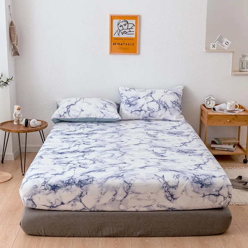  6 Colors Classic Marble Pattern Bedspread Fitted Sheet for Beds Elastic Home Textile Twin/Full/Quee