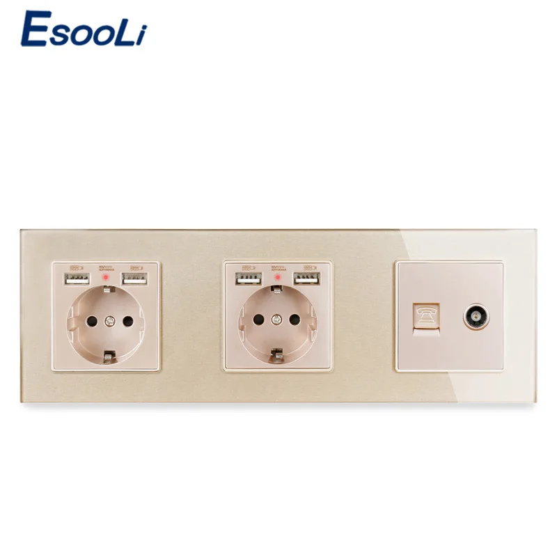 ESOOLI Европейская стандартная черная стеклянная панель двойная розетка с 4 USB