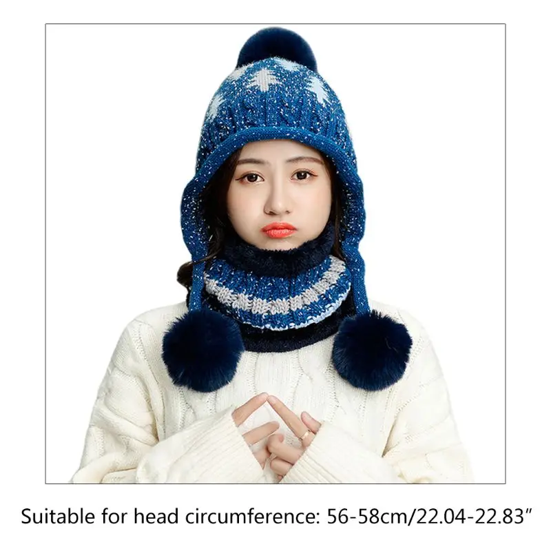 Women Tree Cable Knit Pompom Beanie Earflap Hat Plush Lined Infinity Scarf Set