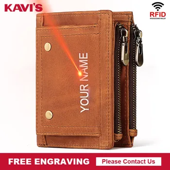

KAVIS RFID Men Wallet Cow Leather Brown Vintage Short Male Coin Perse Multi-functional Business Cards Wallet Name Engraving