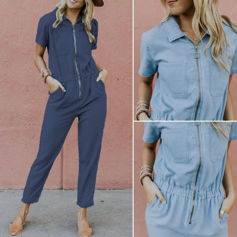 

2019 ZANZEA Zipper Denim Blue Rompers Women's Jumpsuits Elastic Waist Pants Overalls Fashion Jeans Playsuits Combinaison Femme