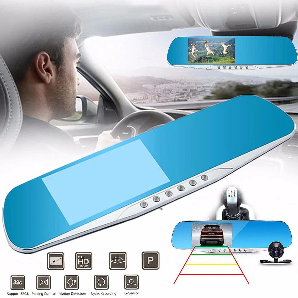 

2018 4.3'' HD 1080P Dual Lens Car DVR Rear View Mirror Cam Video Camera Recorder
