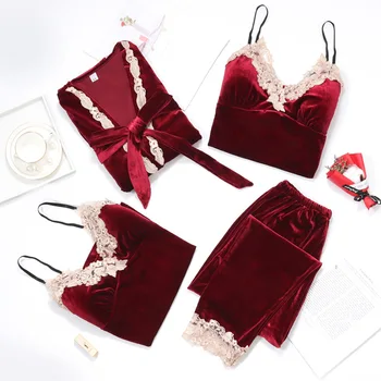 

2019 Autumn Winter 3 Pieces Sleepwear Pajamas Set Women Sexy Lace Gold Velvet Pyjama Warm Pajamas Long Sleeves Sleepwear Set Pj