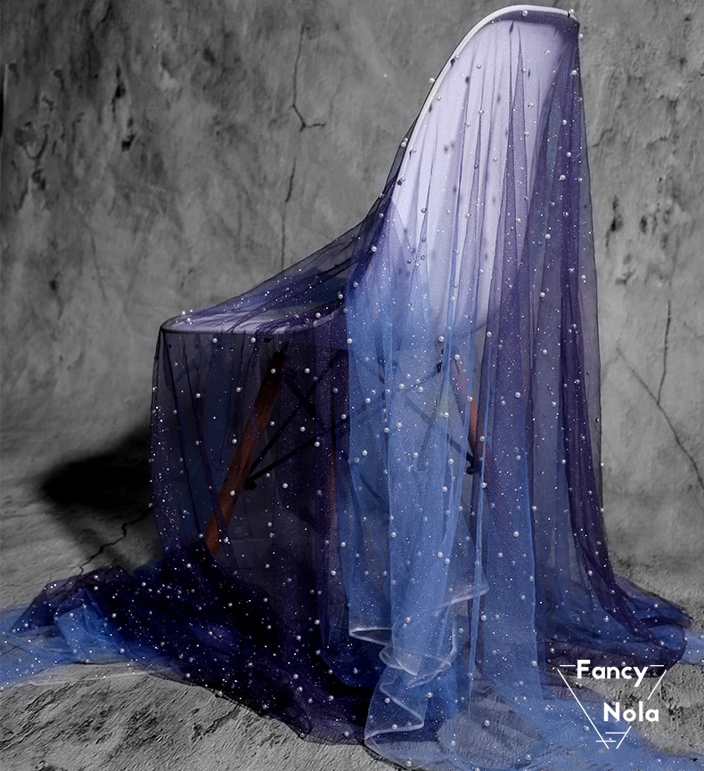 Fantasy Gradient Starry Blue Purple Gauze Dusting Perspectival Nail Beaded Tulle dress gown DIY designer fabric FG006