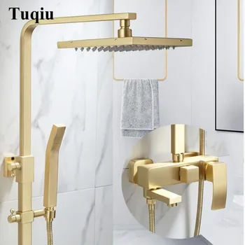 Online Gold Brush Bathroom Shower Faucet Set Wall Mounted Light Luxury North Europe Style Shower Mixer Bathtub Hot & Cold Tap Brass