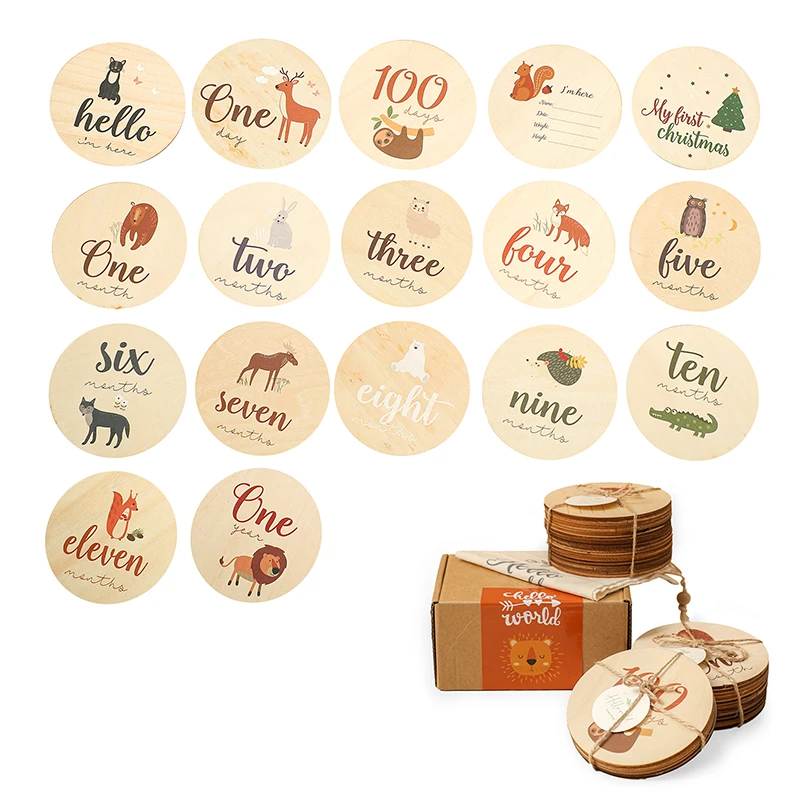 17pcs Baby Milestone Animal Cards Wooden Birth Milestone Photography Props Birth Monthly Recording Cards Newborn Birthday Gifts Baby Souvenirs hot