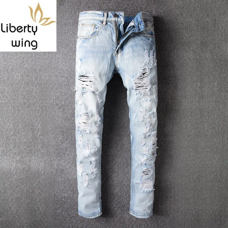 

Fashion New Brand Hole Ripped Jeans For Men Embroidery Floral Full Length Casual Slim Fit Pant Mens Classical Trousers