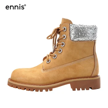 

ENNIS Brand Women Ankle Boots Genuine Leather Rhubarb Boots Lace Up Martins Shoes Yellow Rhinestone Boots Studs Winter 2020 A37A