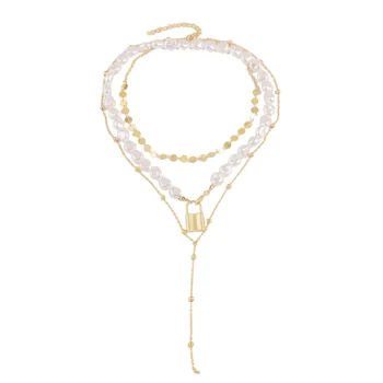

2020 Hip Hop Multi-layer Necklae Imitation Irregular Pearls Chain Metal Beads Line Lock Chain Necklace for Women Jewelry
